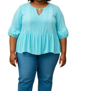 Lily Star Peplum Lace Trim V Neck Boho Hippie Festival Minimalist Blouse Blue 1X